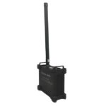 A black drone jammer suitcase with antenna and handles, printed with white words on a white background