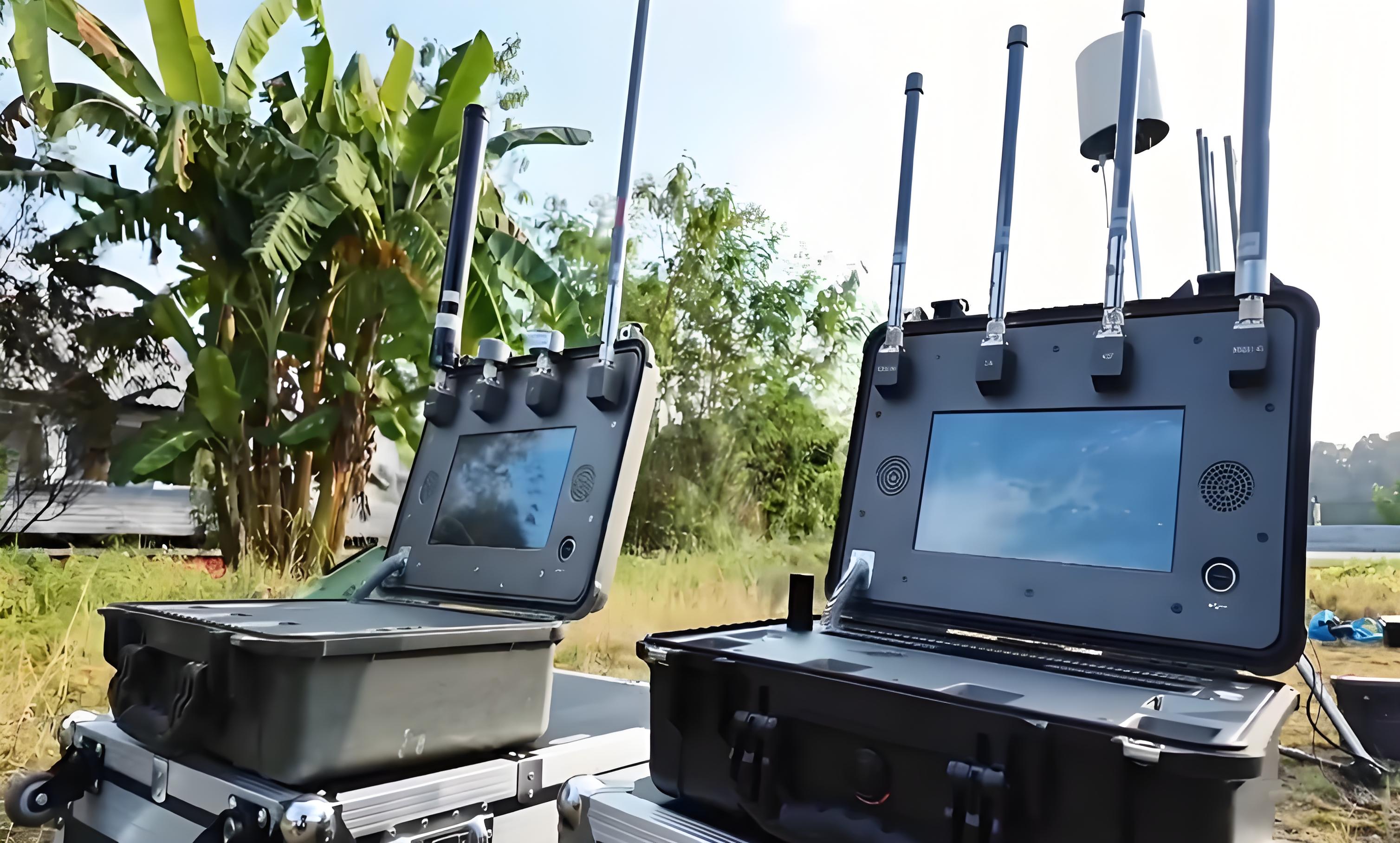 Anti - drone system equipment in protective cases outdoors