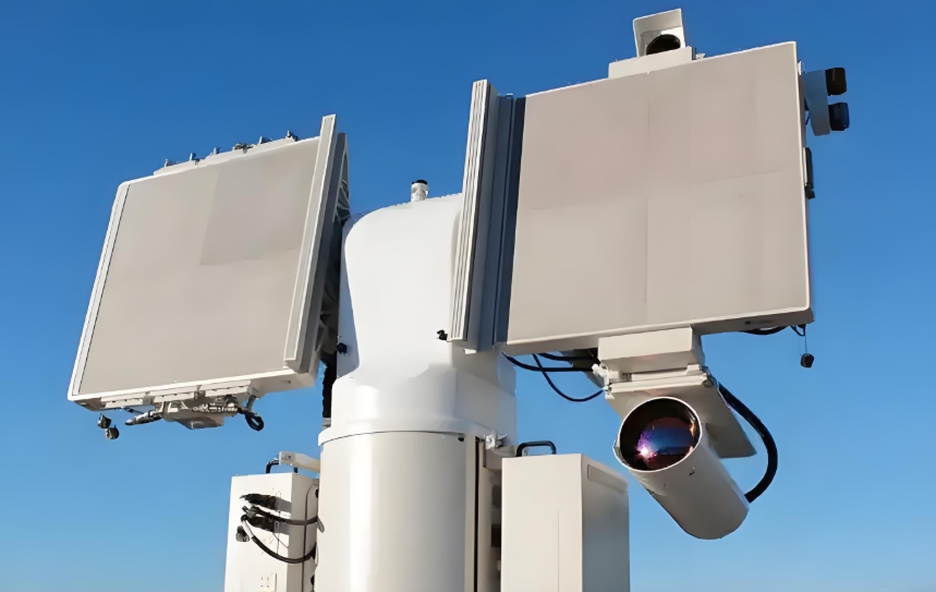 White drone detection radar system with antenna panels and camera